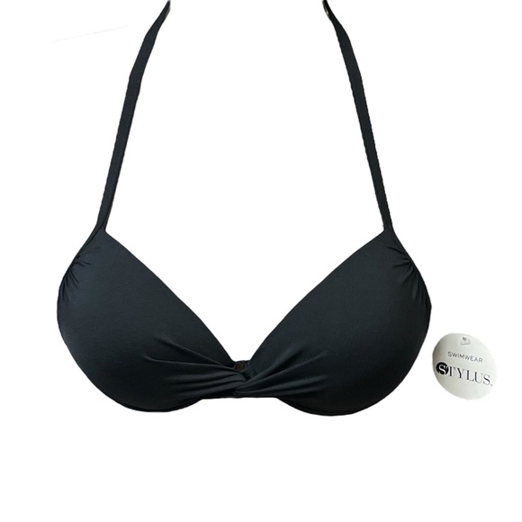 STYLUS Bikini Top‎ Size Small Black Twisted Halter Tie Swim Chic Flattering New - Picture 2 of 10